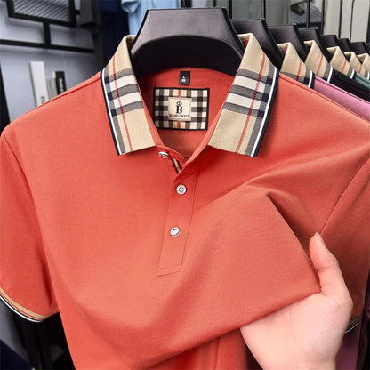High end silky cotton breathable short sleeve polo shirt men's summer new trend plaid lapel designer brand casual golf T-shirt